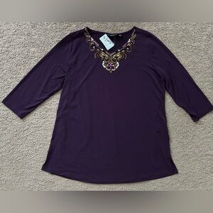 Susan Graver Women’s Embellished V-Neck Purple Women's Top Blouse Size L